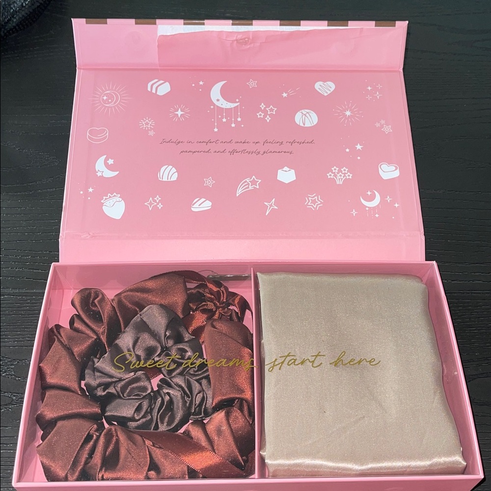 Silky Satin Scrunchie & Sleep Cap Set — Pink Box